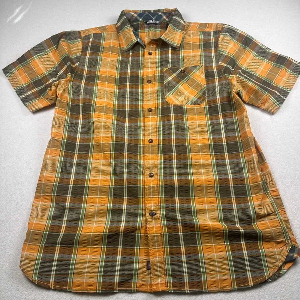 The North Face Mens Plaid Short Sleeve Button Down Shirt LG‎ Orange Brown Green